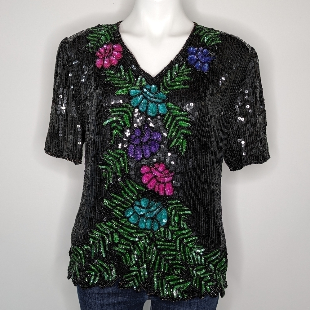 Vintage Stenay black full sequin floral top L